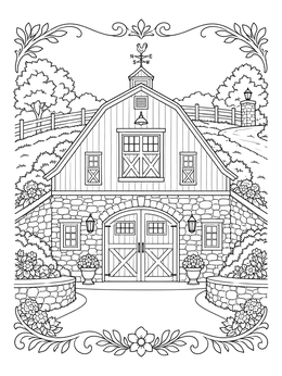 A detailed stone and timber bank barn on this charming barns coloring page.