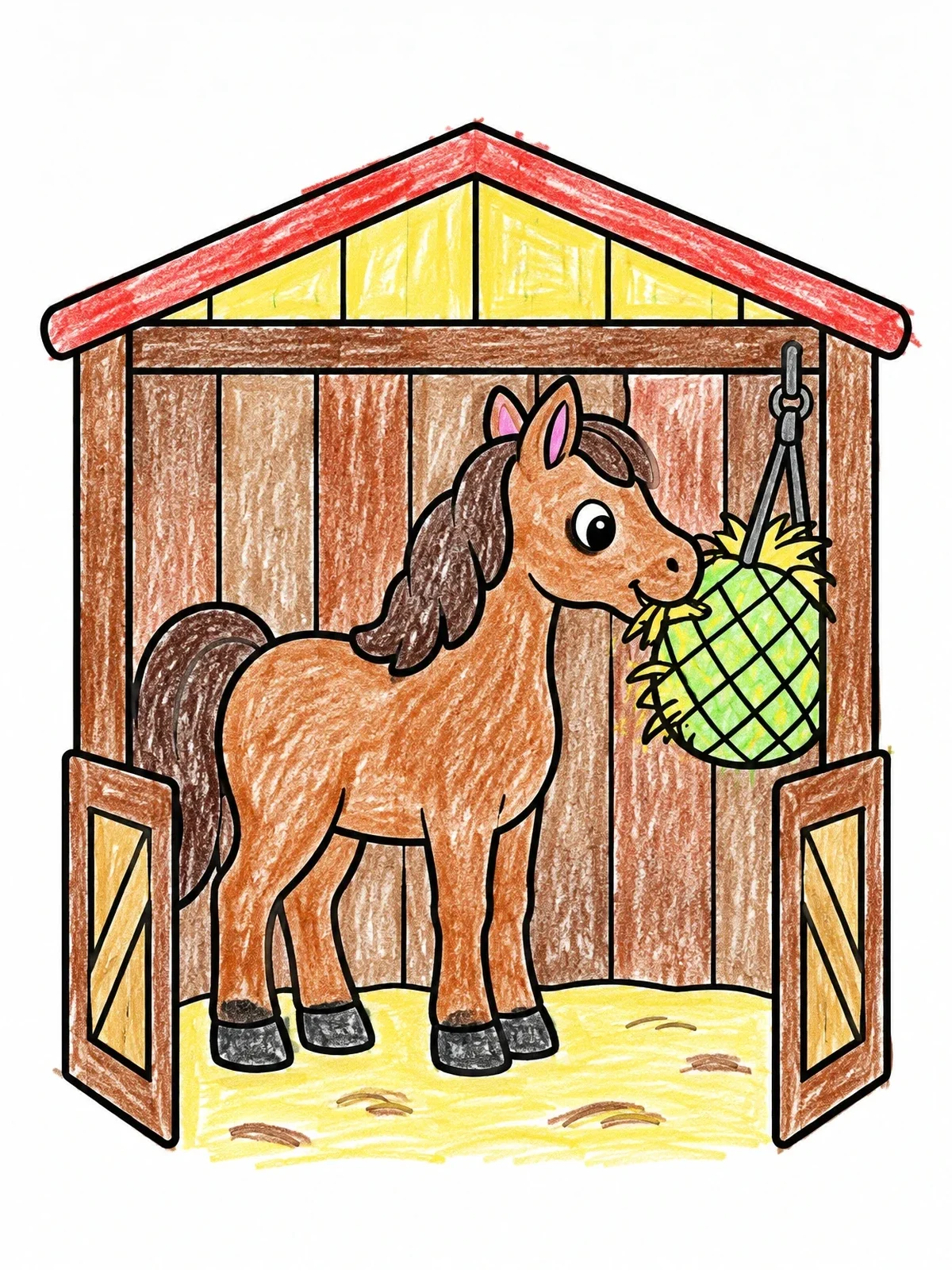 Colored example of the Horse Eating Hay In Stable coloring page