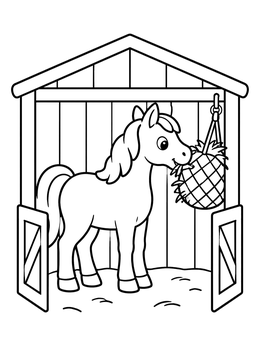 A cute pony in a barns coloring page happily munching hay inside a wooden stall.