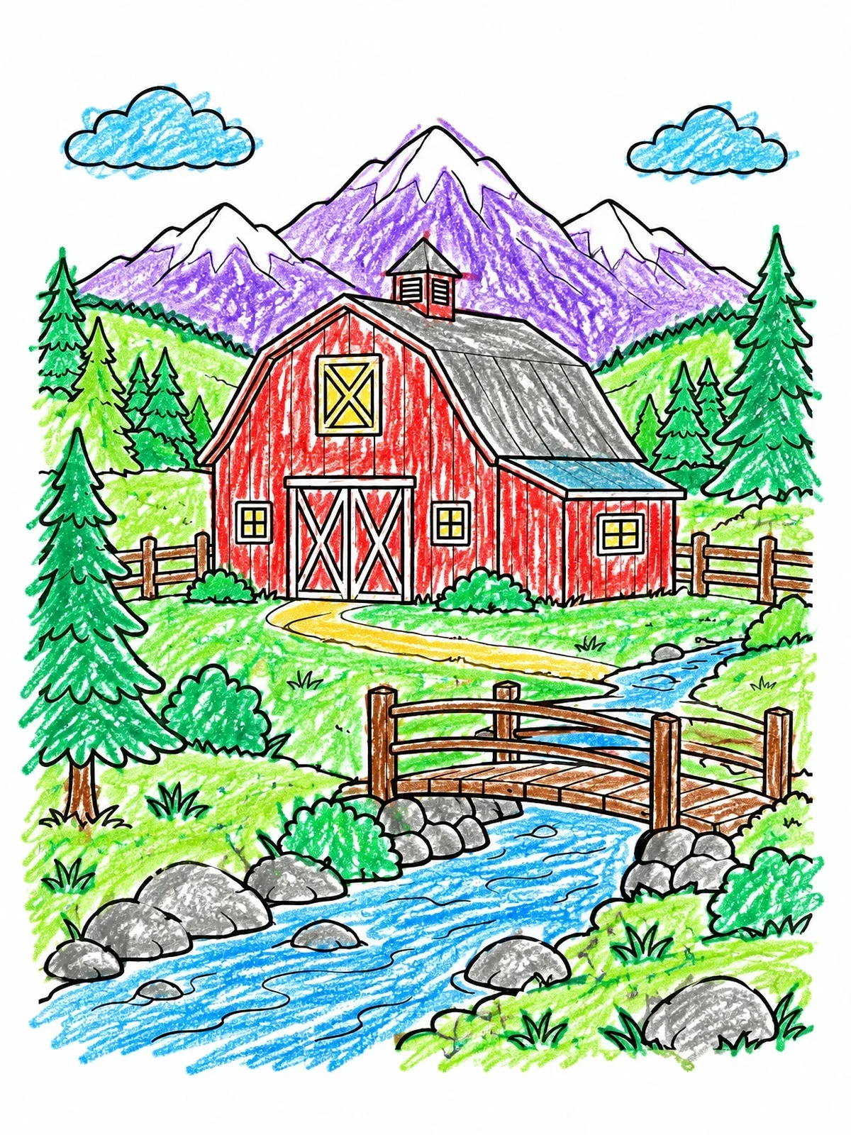 Colored example of the Mountain Valley Barn And Footbridge coloring page