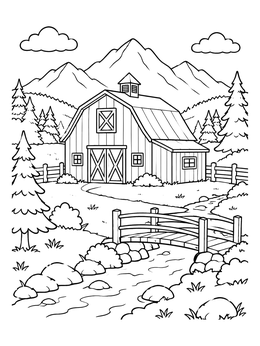 Free printable Mountain Valley Barn And Footbridge coloring page