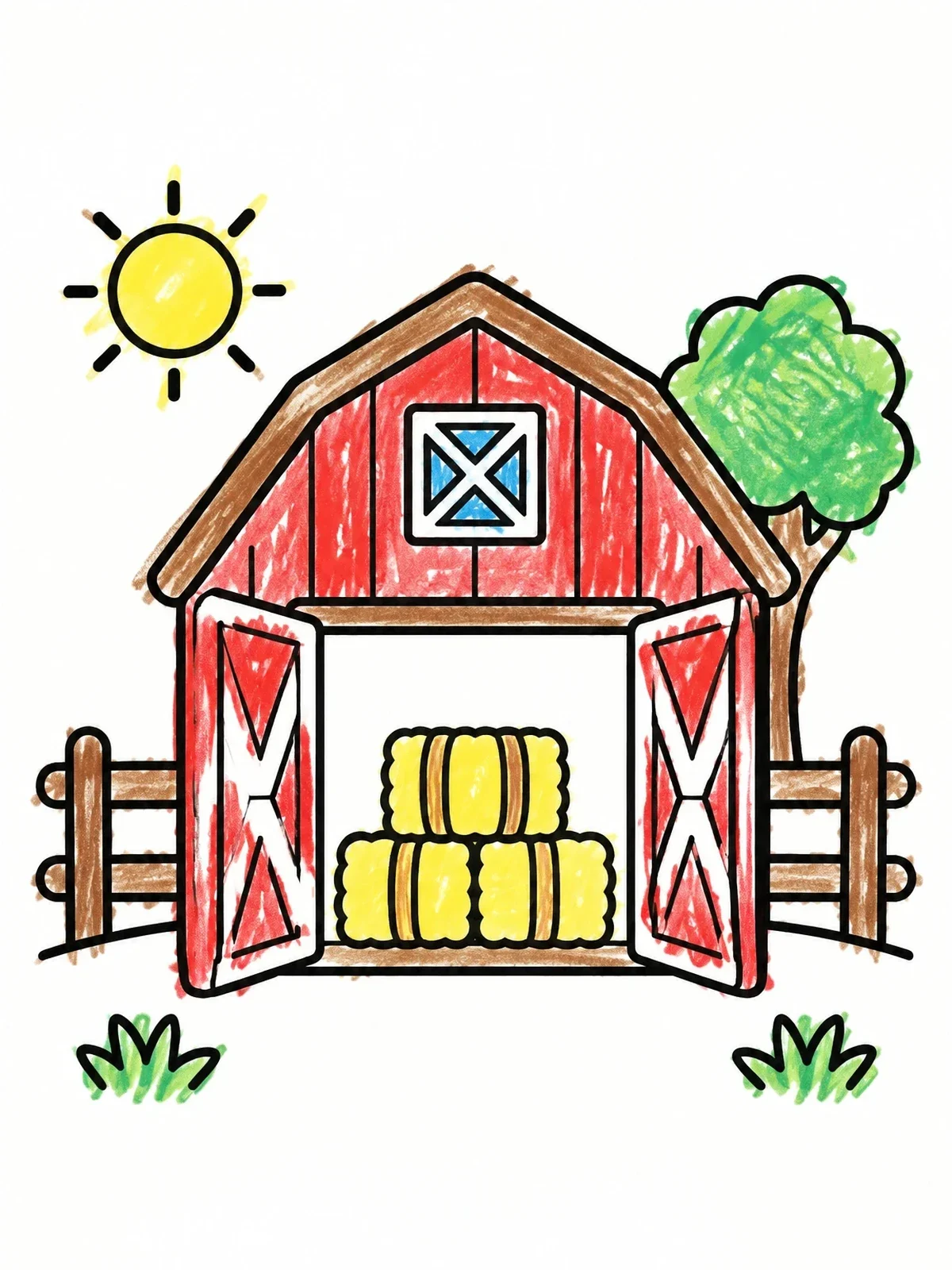Colored example of the Open Barn With Hay Bales coloring page