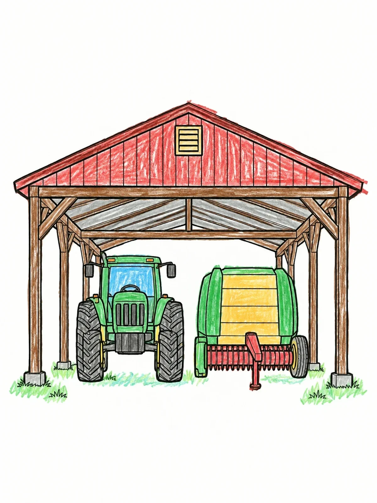 Colored example of the Open Pole Barn With Farm Equipment coloring page