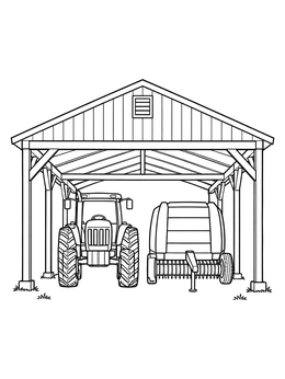 Tractor and baler parked inside a shelter on this barns coloring page.