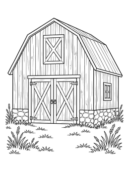 A rustic barns coloring page showing a wooden barn with large doors and a stone foundation.