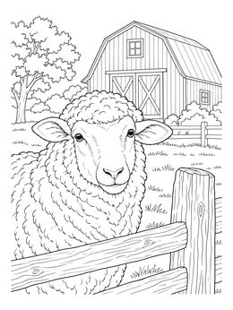 A fluffy sheep stands at a fence in this barns coloring page.