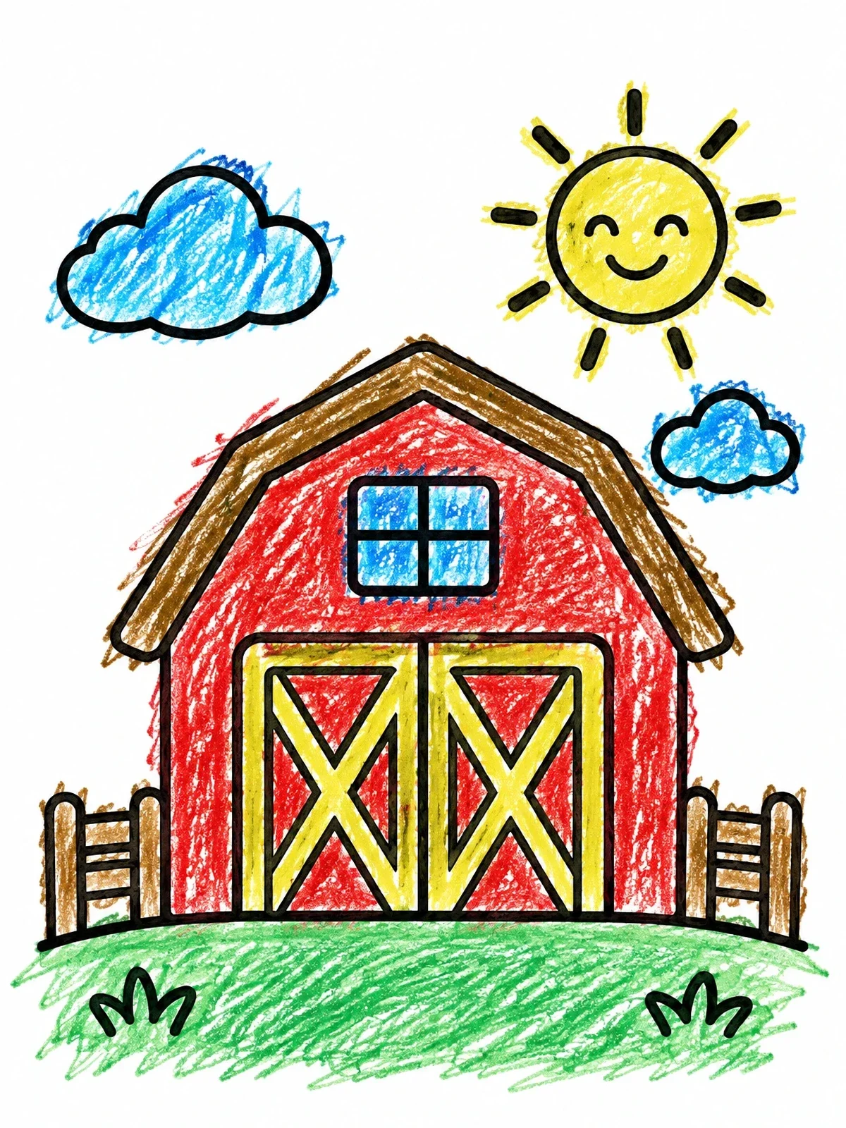 Colored example of the Simple Country Barn And Smiling Sun coloring page