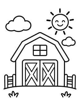 Free printable Simple Country Barn And Smiling Sun coloring page