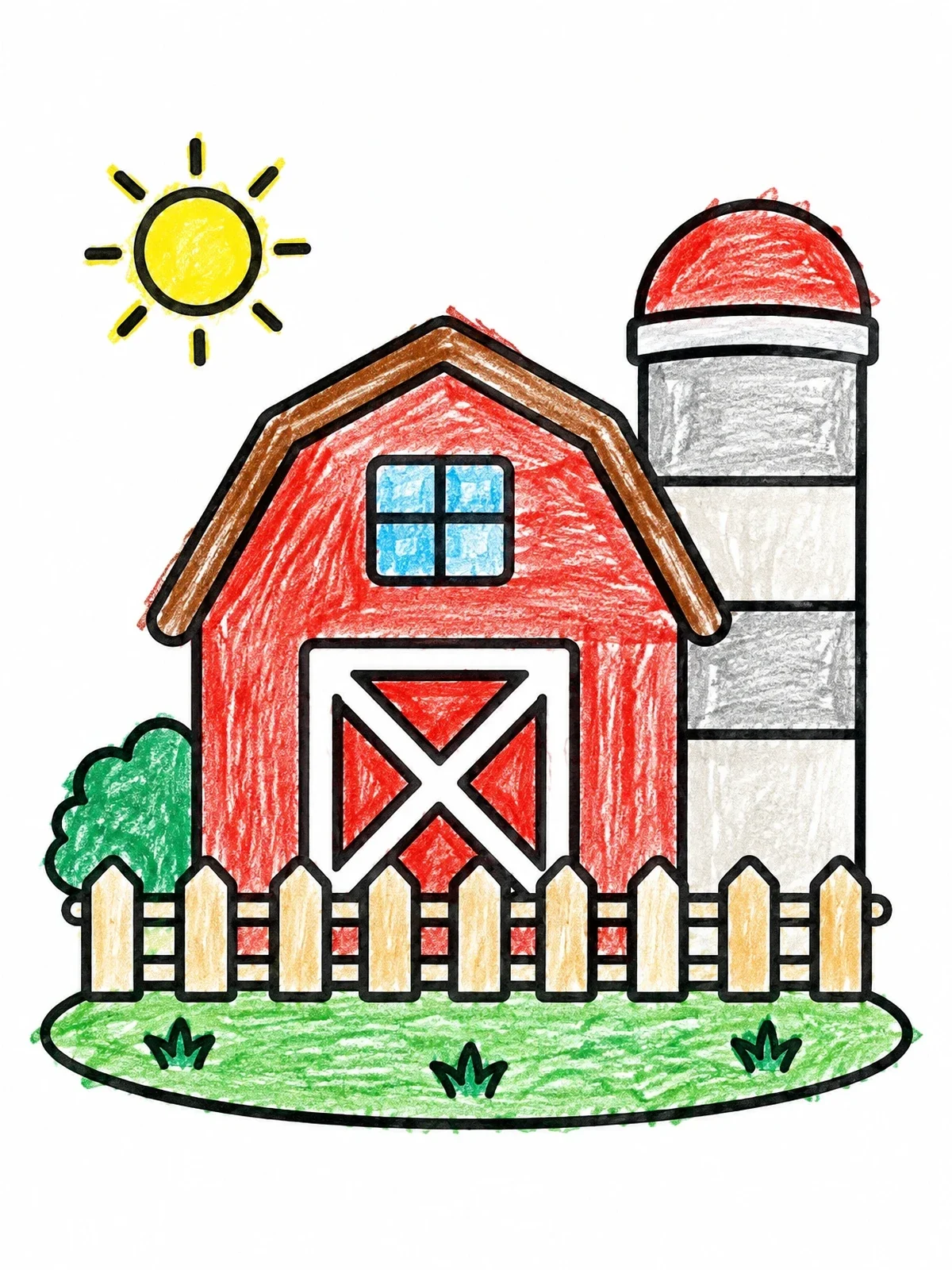 Colored example of the Simple Farm Barn With Silo coloring page