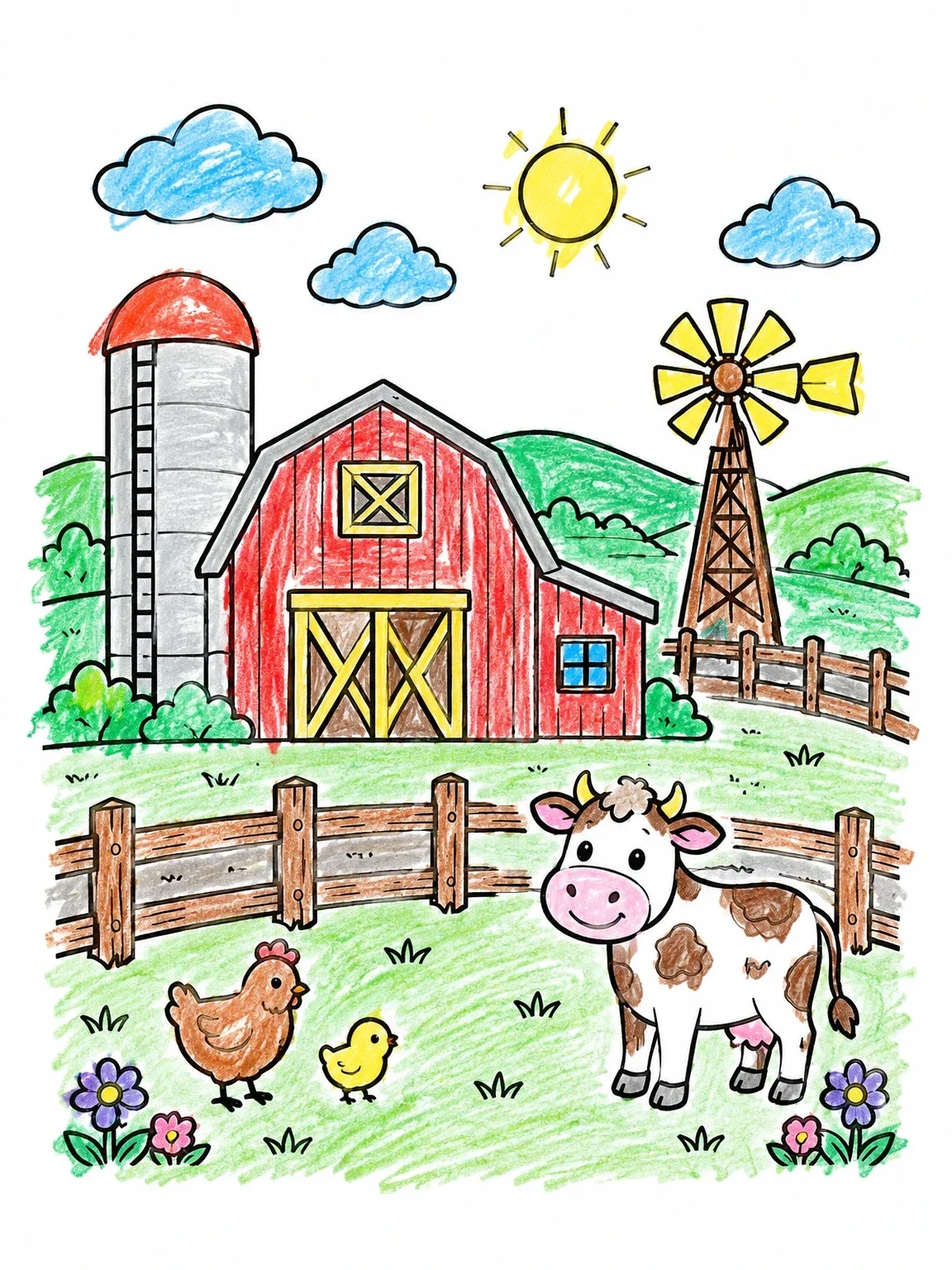Colored example of the Sunny Farm With Barn And Animals coloring page