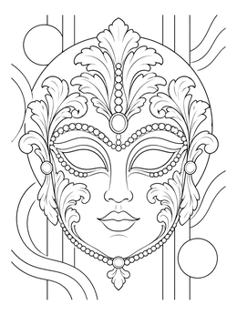 An ornate baroque masquerade mask coloring page with sculpted acanthus leaves and pearls.
