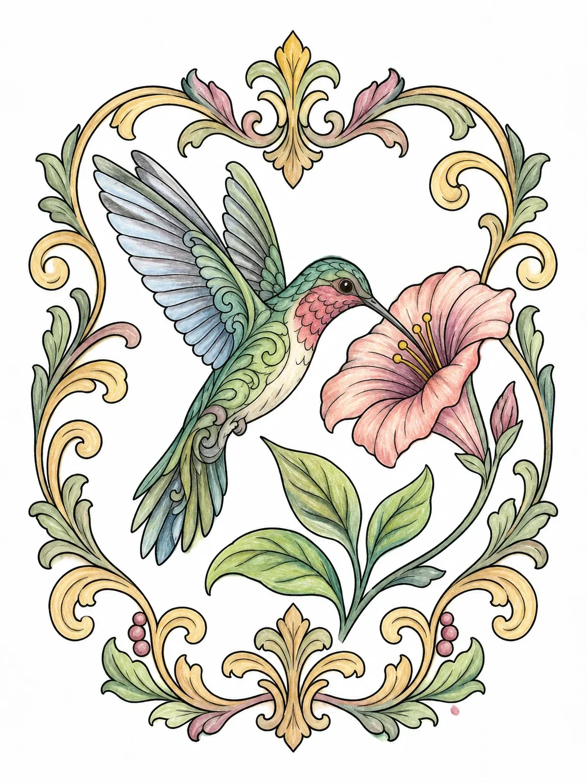 Colored example of the Baroque Hummingbird And Blossom Frame coloring page