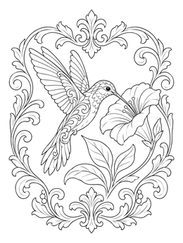 An ornate hummingbird coloring page featuring a bird sipping nectar within an elegant baroque filigree frame.