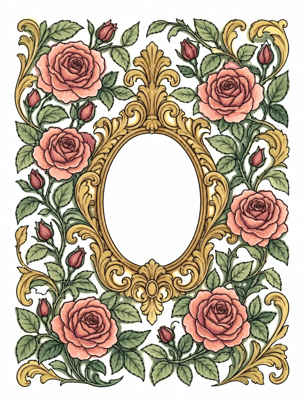 Colored example of the Baroque Mirror Surrounded By Roses coloring page