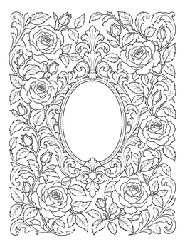An ornate baroque frame framed by blooming blossoms on this roses coloring page.