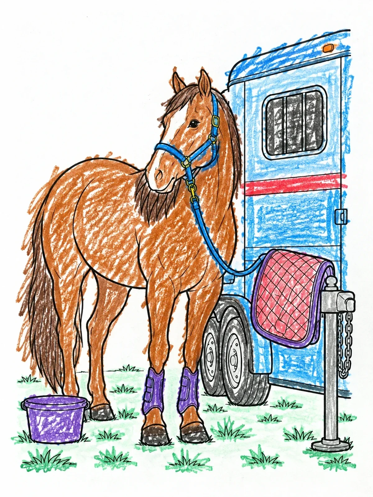 Colored example of the Horse Resting By Trailer coloring page