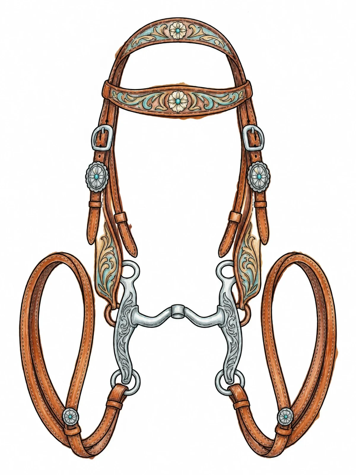 Colored example of the Ornate Western Bridle And Bit coloring page