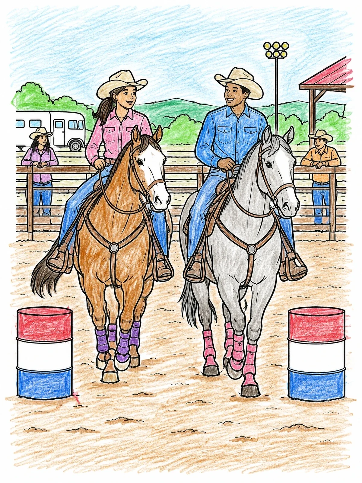 Colored example of the Riders Warming Up In Rodeo Arena coloring page