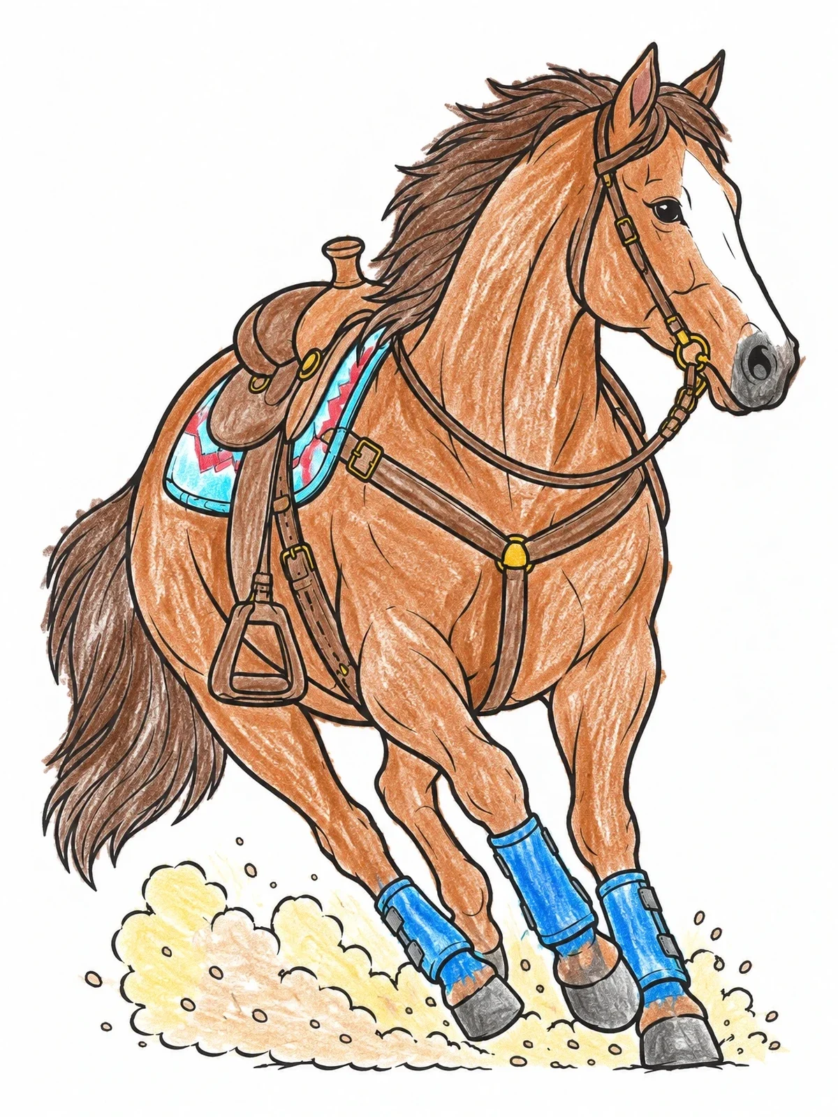 Colored example of the Saddled Horse Galloping In Dust coloring page