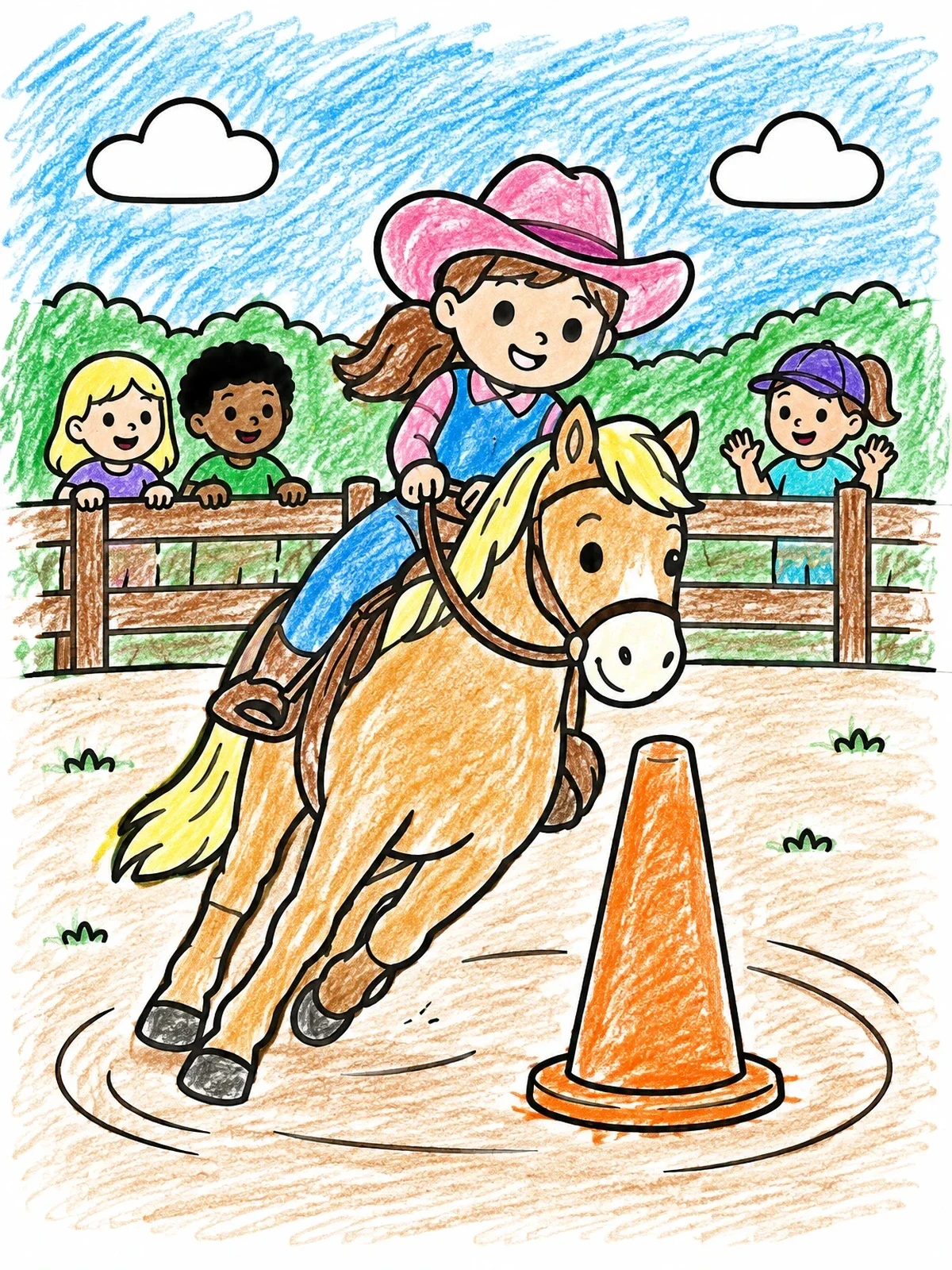 Colored example of the Young Cowgirl Riding Around A Cone coloring page