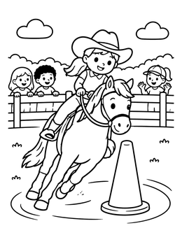 Free printable Young Cowgirl Riding Around A Cone coloring page