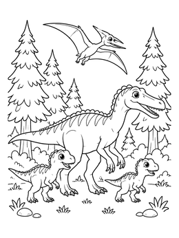 Free printable Baryonyx Family With Flying Pterosaur coloring page