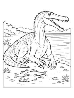 Baryonyx Resting by the Lake with Fish coloring page