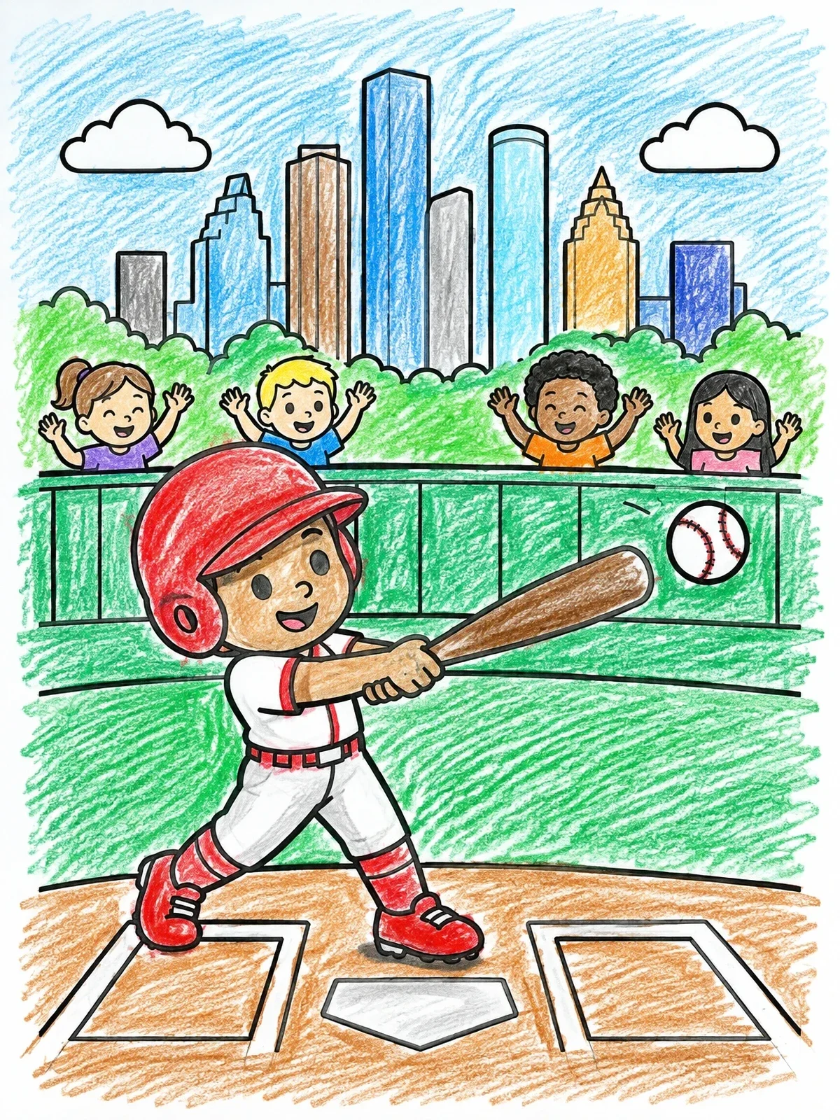 Colored example of the Baseball Player By Houston Skyline coloring page