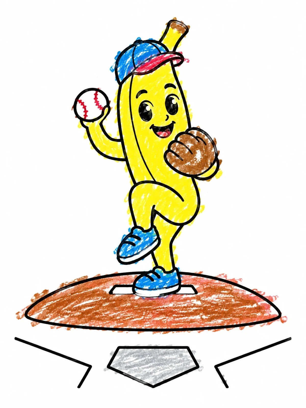 Colored example of the Baseball Pitcher Banana On Mound coloring page