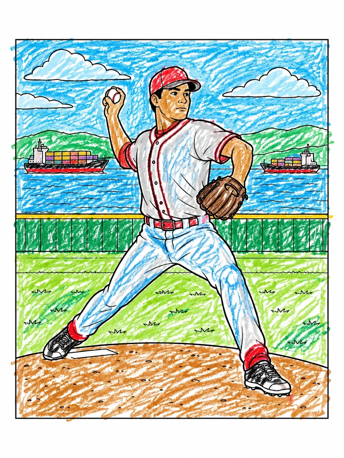 Colored example of the Baseball Pitcher By The Bay coloring page