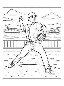 A baseball player throws a pitch on this San Francisco coloring page with cargo ships across the bay.