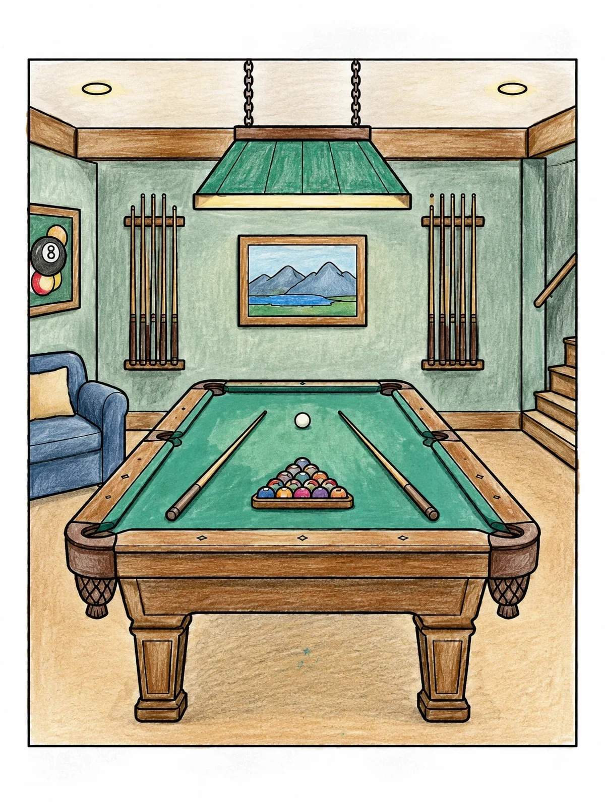 Colored example of the Basement Game Room With Pool Table coloring page