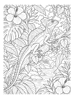A detailed basilisk lizard coloring page perched on a branch above a tropical waterfall.