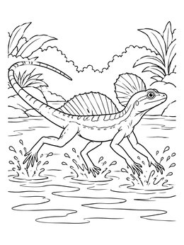 A dynamic basilisk lizard coloring page running swiftly across water splashing droplets.