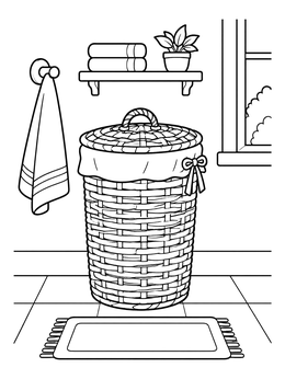 A wicker laundry basket coloring page in a tidy bathroom with a mat and shelf.