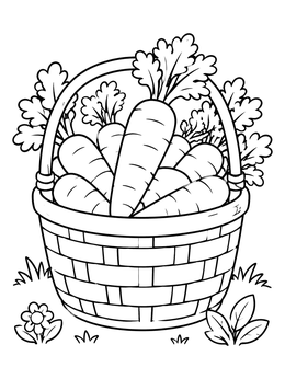 A woven basket filled with carrots in this carrot coloring page.