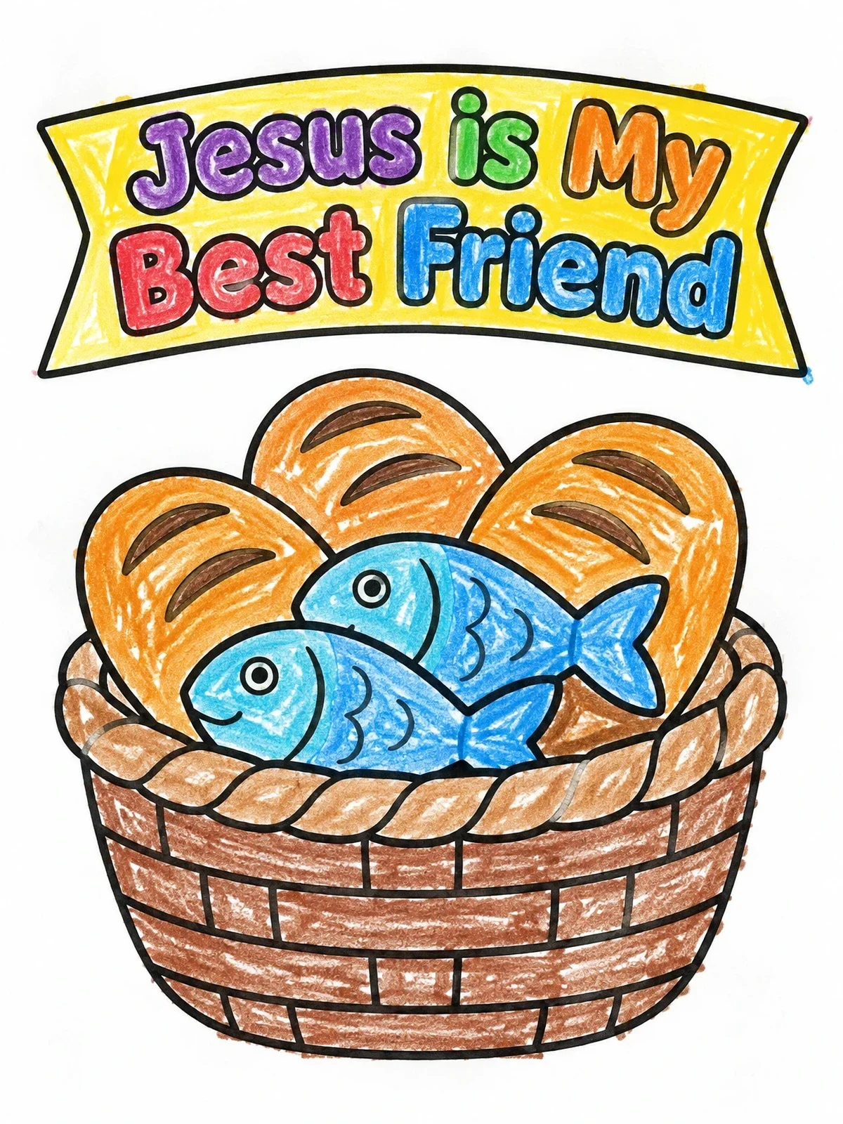 Colored example of the Basket Of Loaves And Fishes coloring page