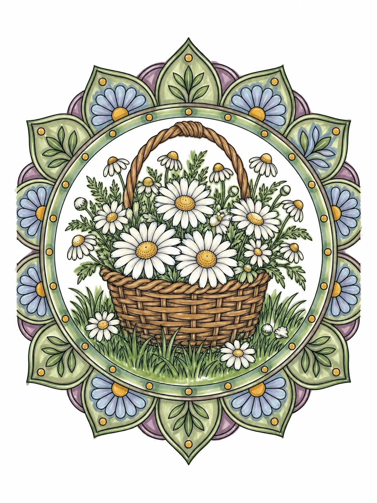 Colored example of the Basket Of Meadow Daisies Mandala coloring page