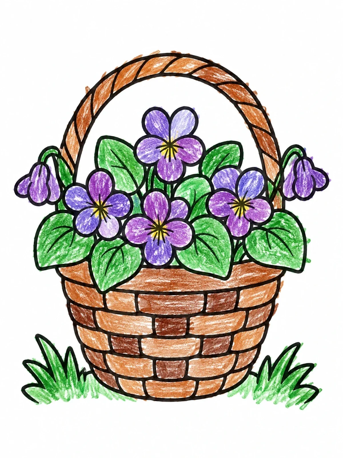 Colored example of the Basket Of Blooming Wild Violets coloring page