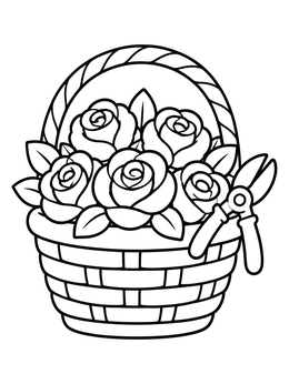 A lovely roses coloring page showing a woven basket packed with blooms and garden shears.