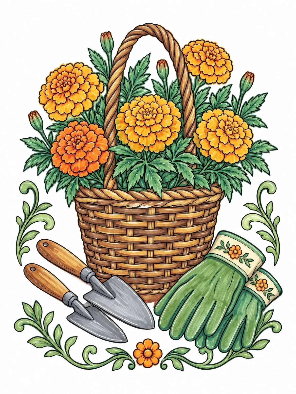 Colored example of the Basket Of Marigolds With Garden Tools coloring page