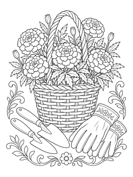 A woven basket filled with blooms in this marigold flower coloring page beside trowels and gloves.
