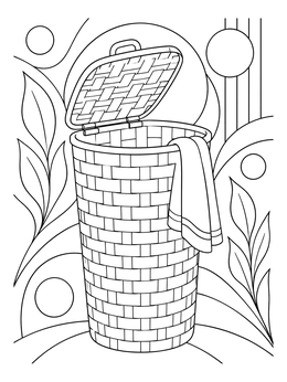 A tall hamper features in this detailed basket coloring page with a decorative background.