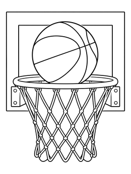 A basketball resting on the rim in this crisp basketball hoop coloring page.