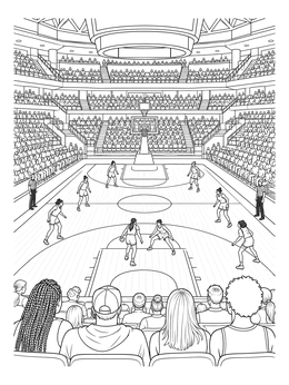 Spectators watch a game in this basketball court coloring page.