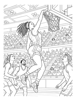 A female athlete dunks above the net in this basketball court coloring page.