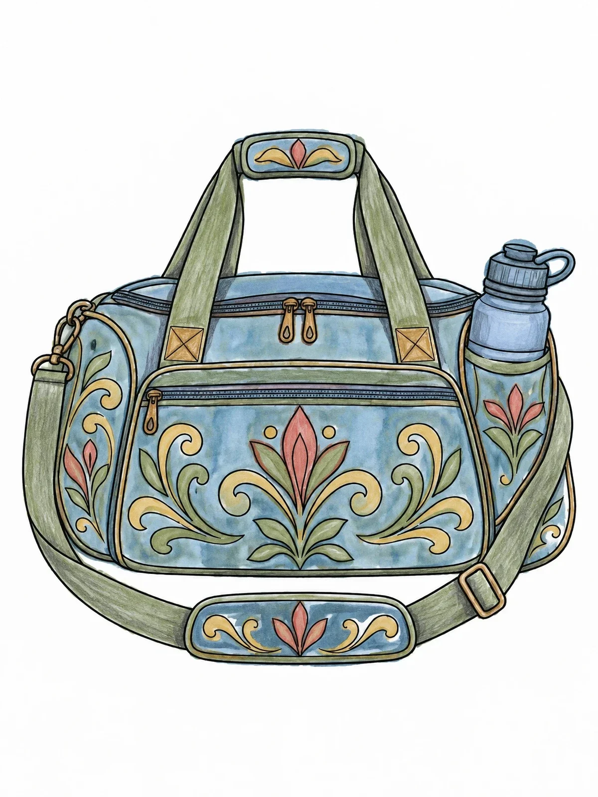 Colored example of the Patterned Sports Duffel Bag With Bottle coloring page