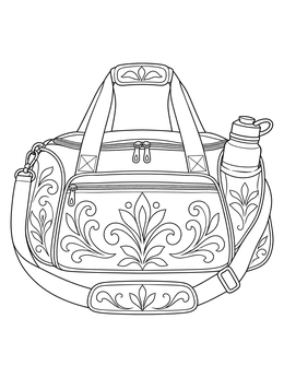A sports duffel bag on this basketball court coloring page with a water bottle and floral patterns.
