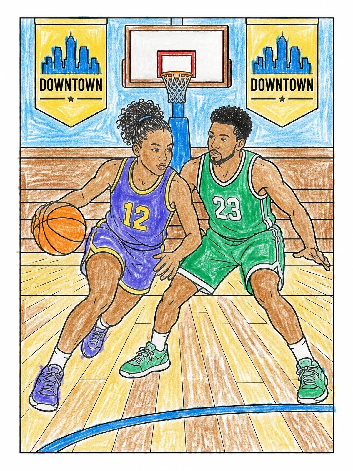 Colored example of the Basketball Duel In Downtown Los Angeles coloring page