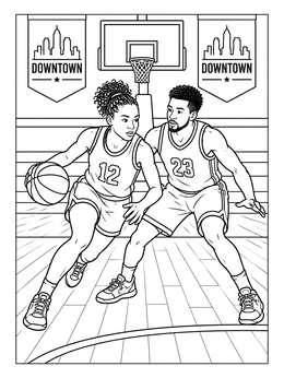 A basketball player drives past a defender in this los angeles coloring page.